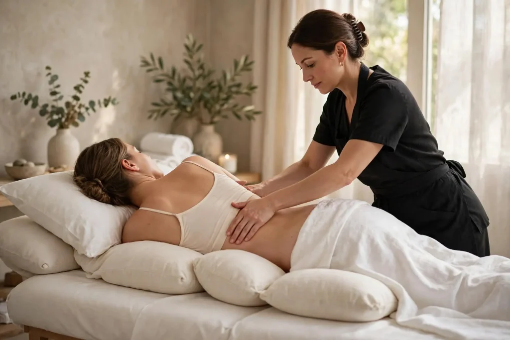 Expecting mother resting side-lying with pillow support during a prenatal massage