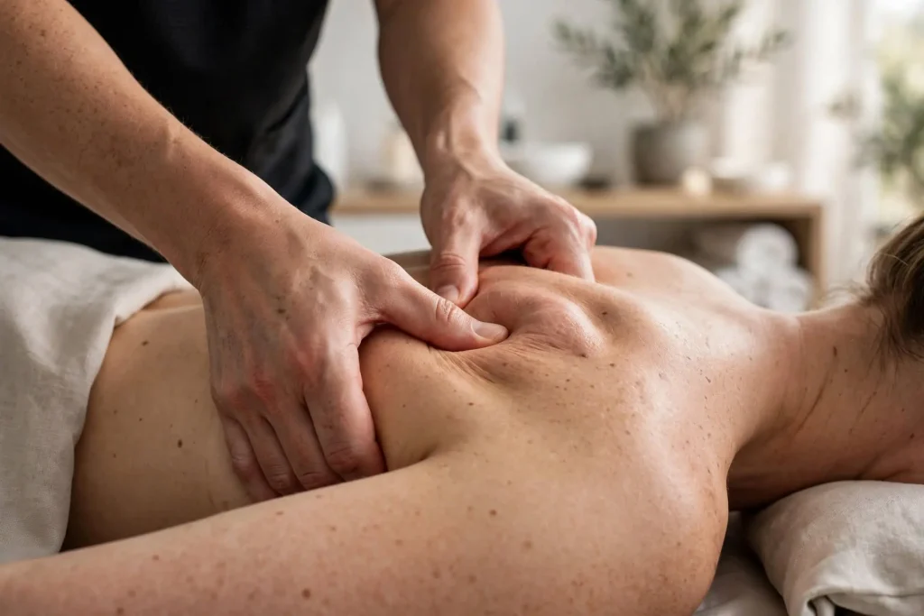 Therapist applying targeted deep tissue pressure to the upper back